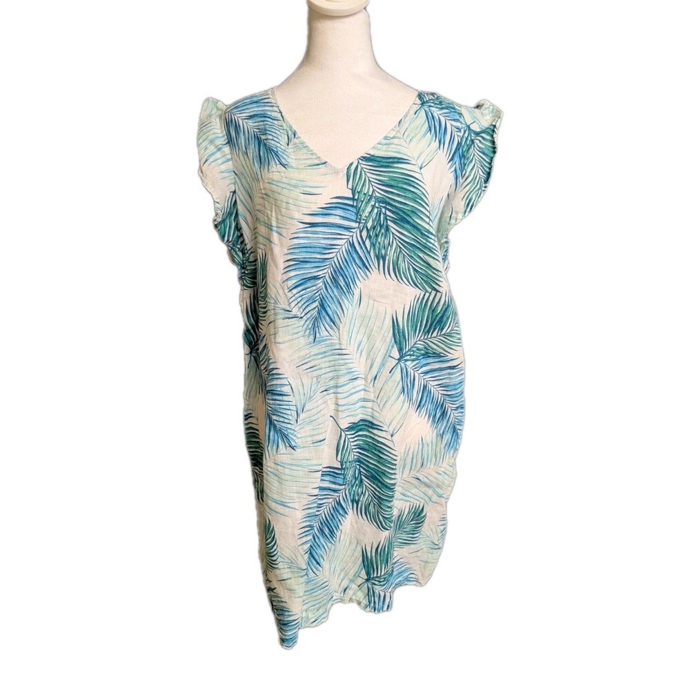 Tahari Shift Dress Sz Large Tropical Palm Leaf Linen Flutter Sleeve Lightweight